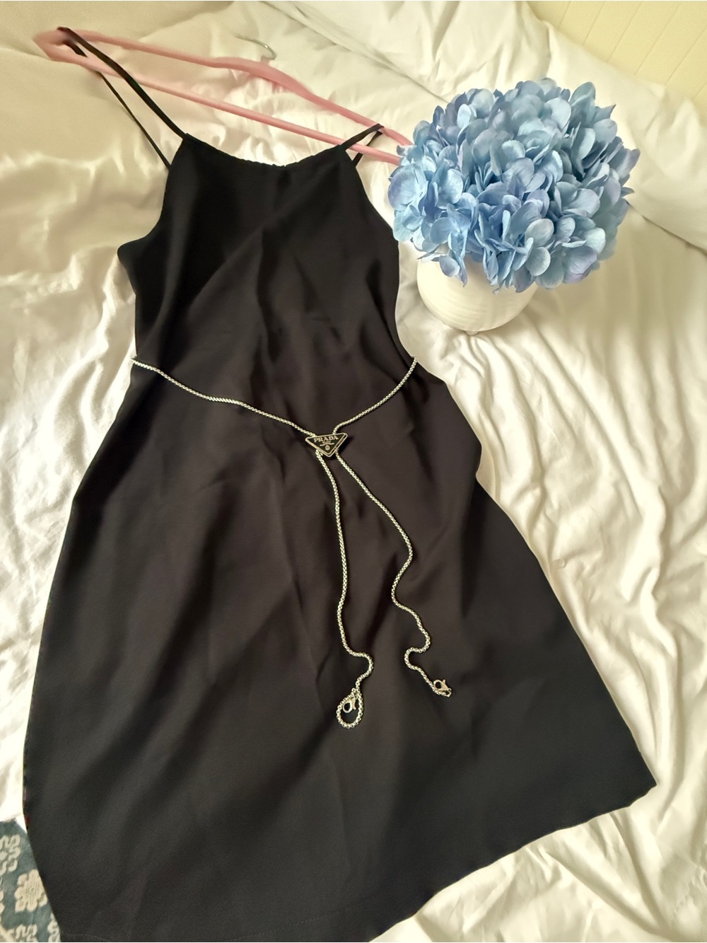 Black Mini Slip Dress with Silver Chain Accent